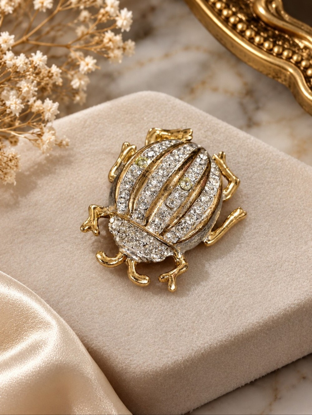 Vintage Rhinestone Beetle Brooch – Gold & Tone Statement Pin